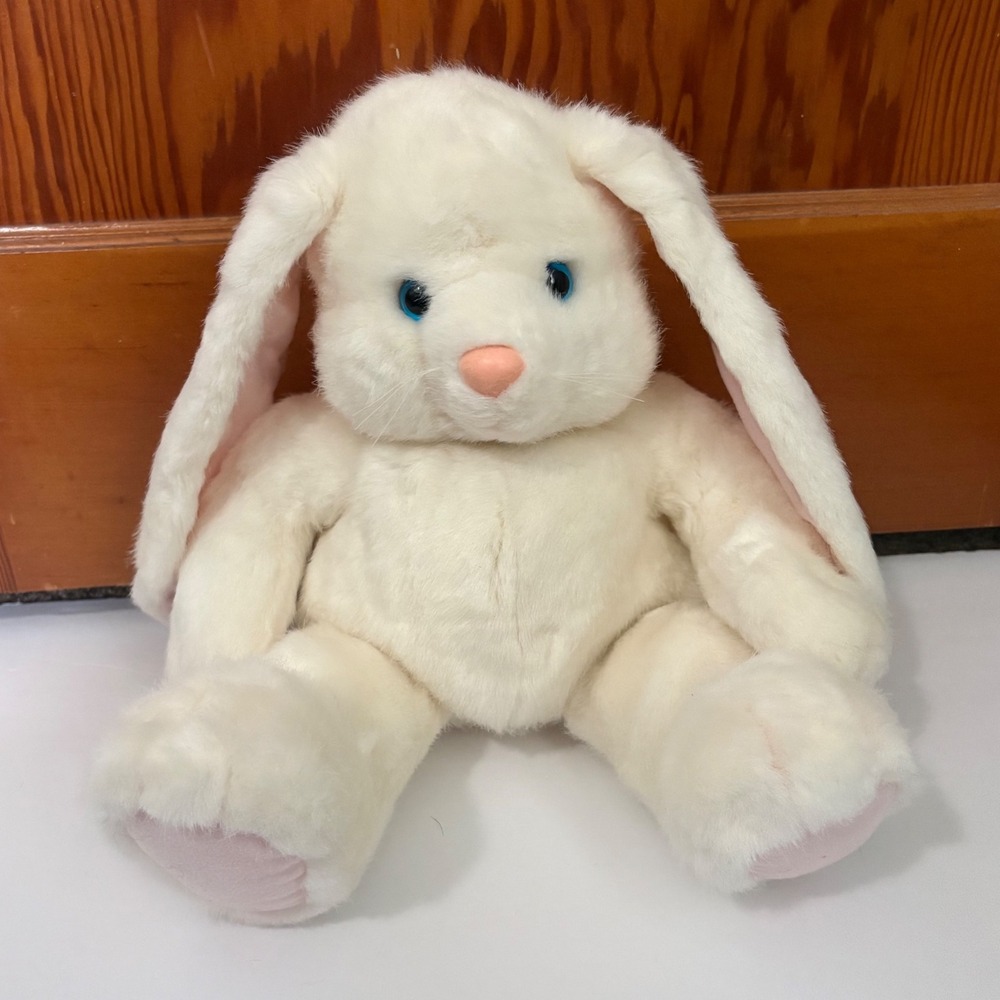 Vintage 1992 Dakin White Plush Bunny Rabbit Blue Eyes Pink Nose Stuffed Animal